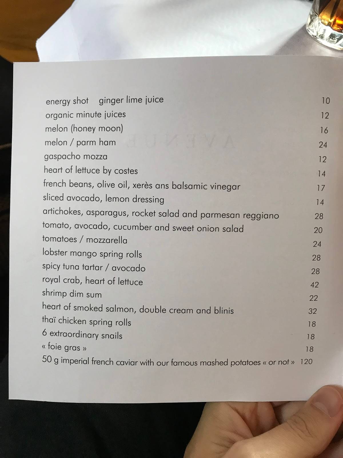 Menu at L'Avenue restaurant, Paris, 41 Av. Montaigne