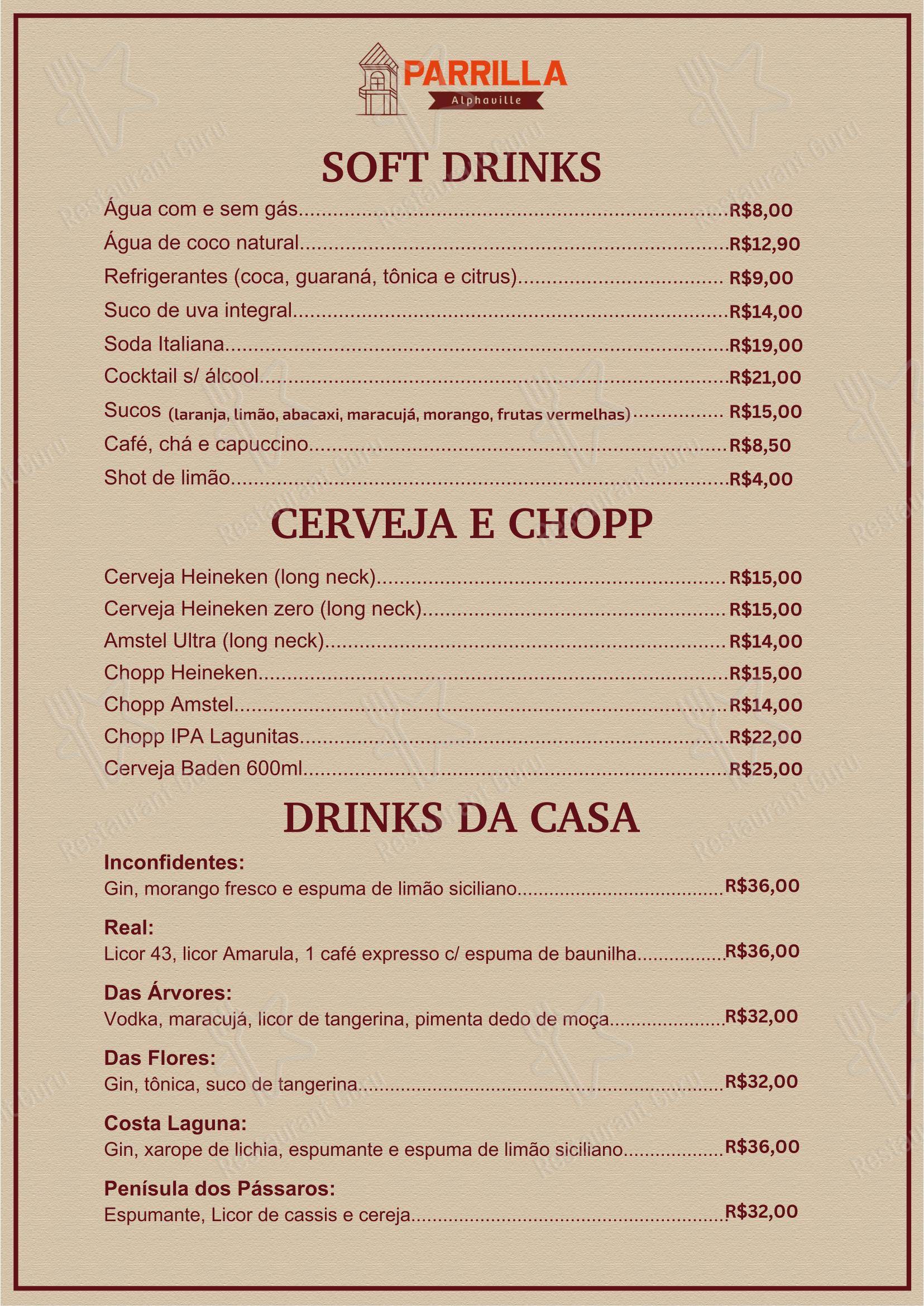Menu para Parrilla Alphaville em Nova Lima