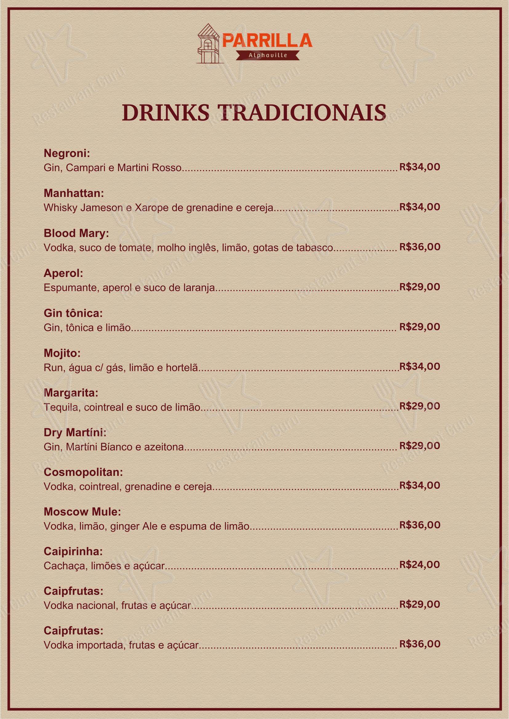 Parrilla Alphaville em Nova Lima - Menu