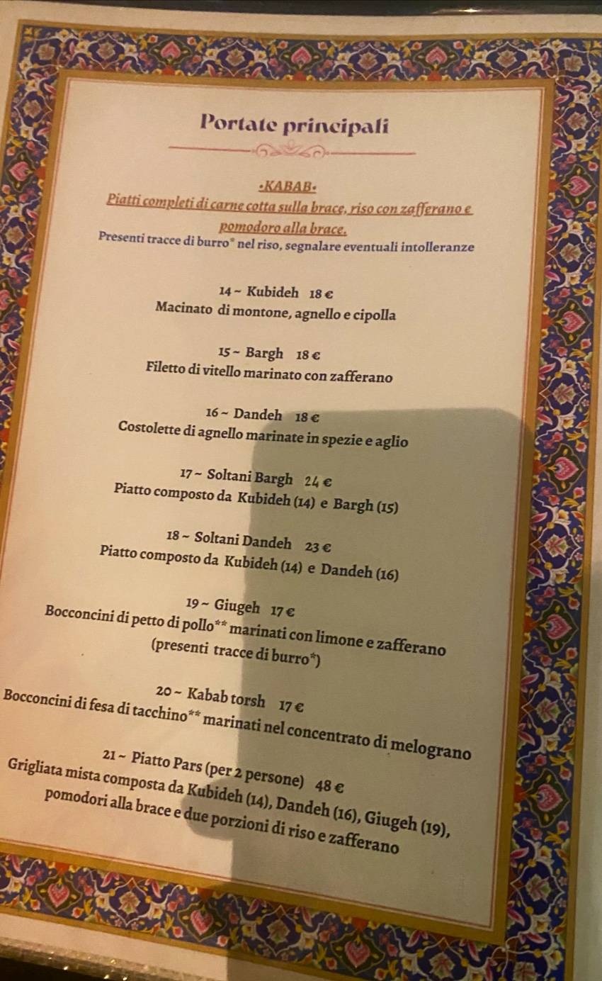 Menu di Ristorante Pars 
