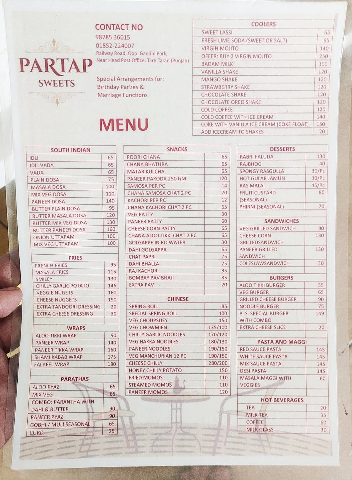 Partap Sweets menu