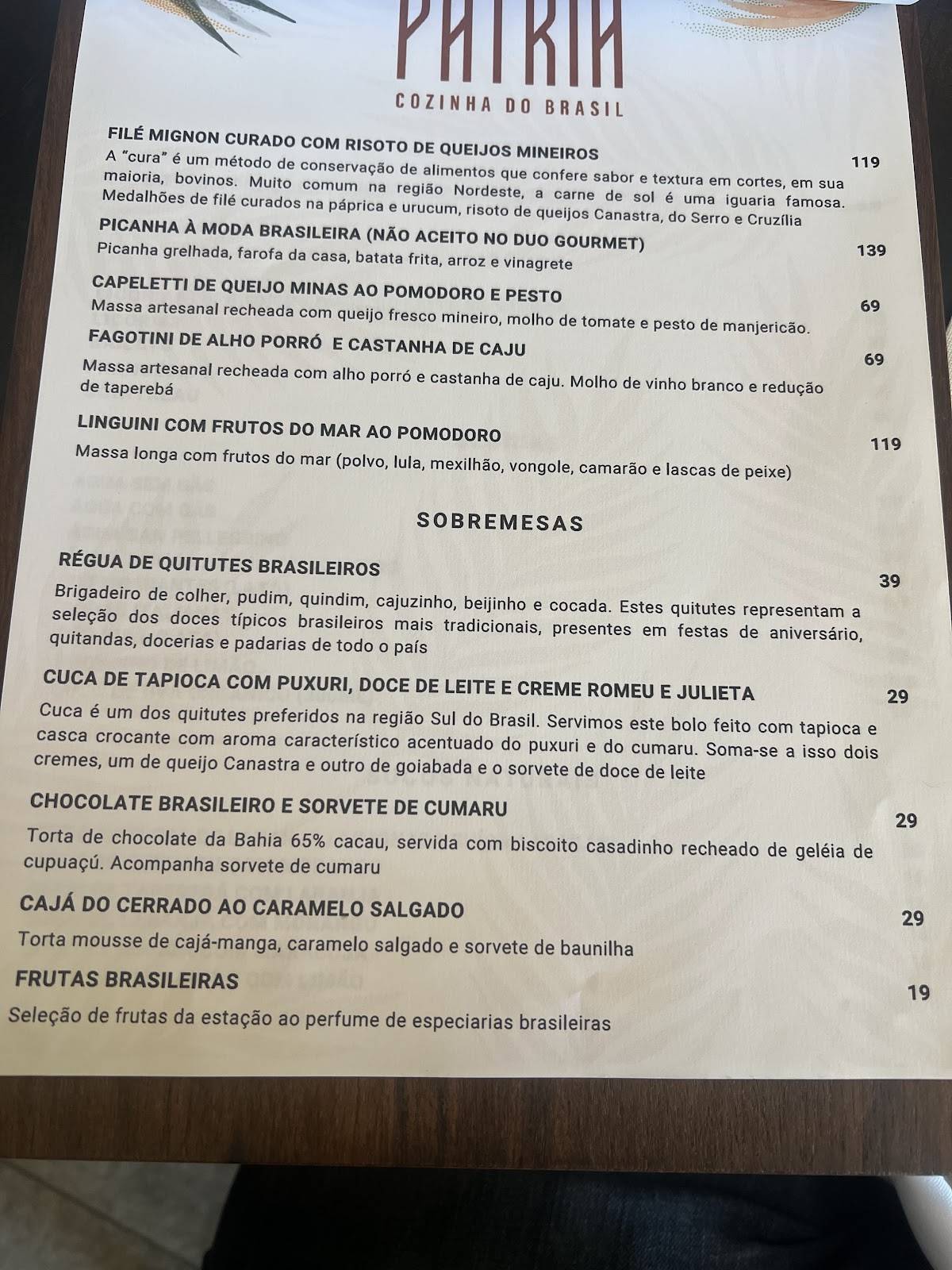 Pátria Cozinha do Brasil cardápio