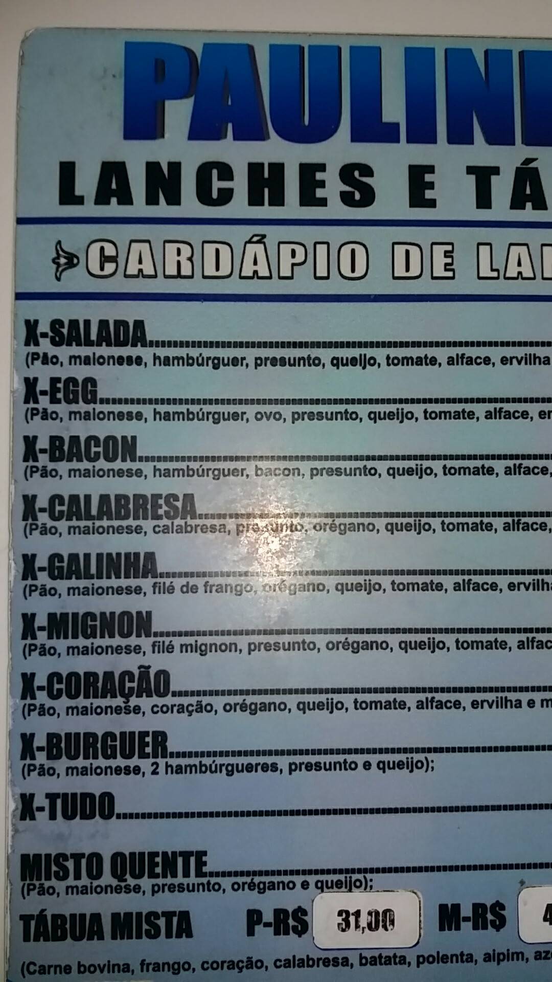 Paulinho Lanches cardápio