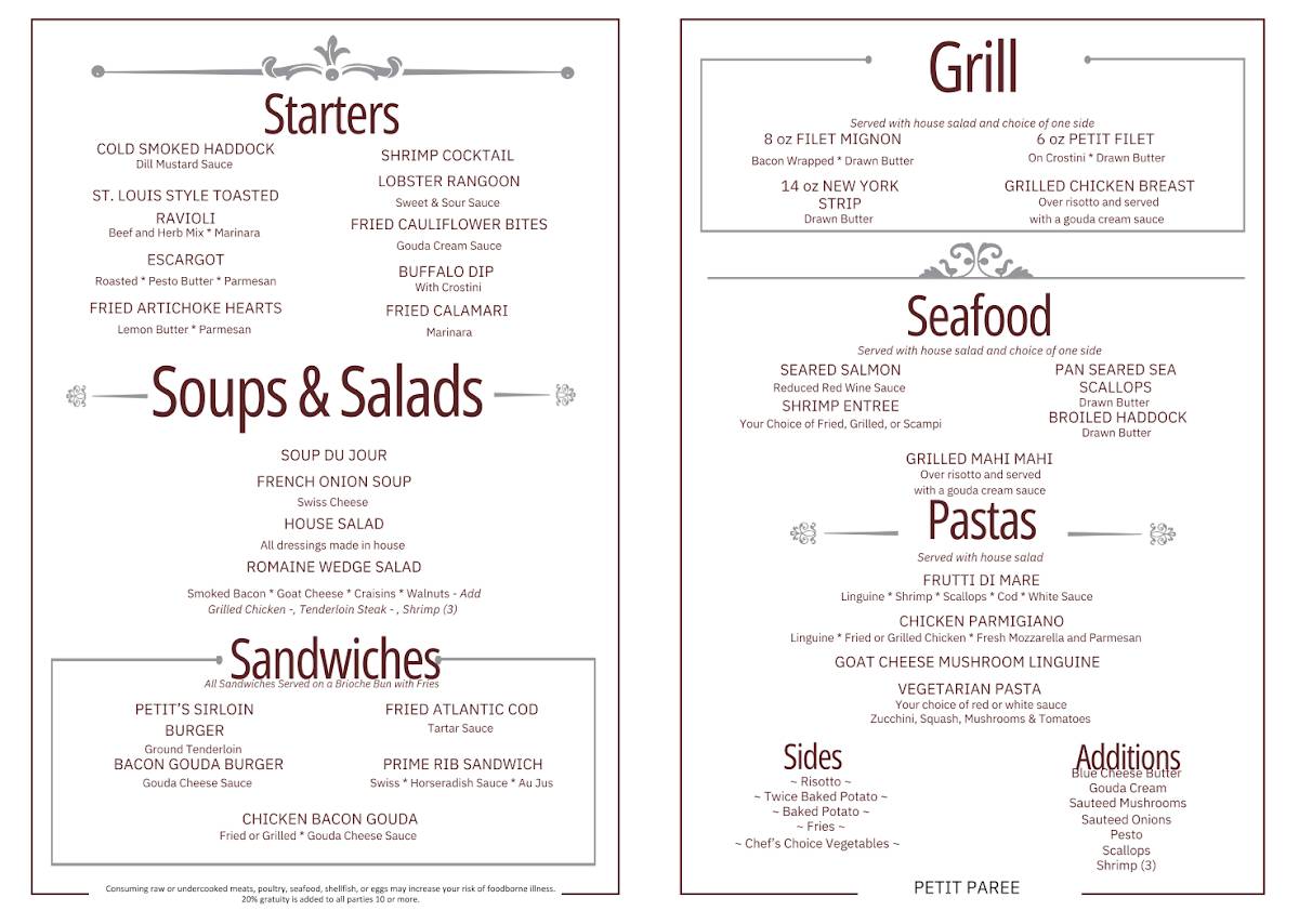 Menu at Petit Paree Restaurant & Lounge, Festus