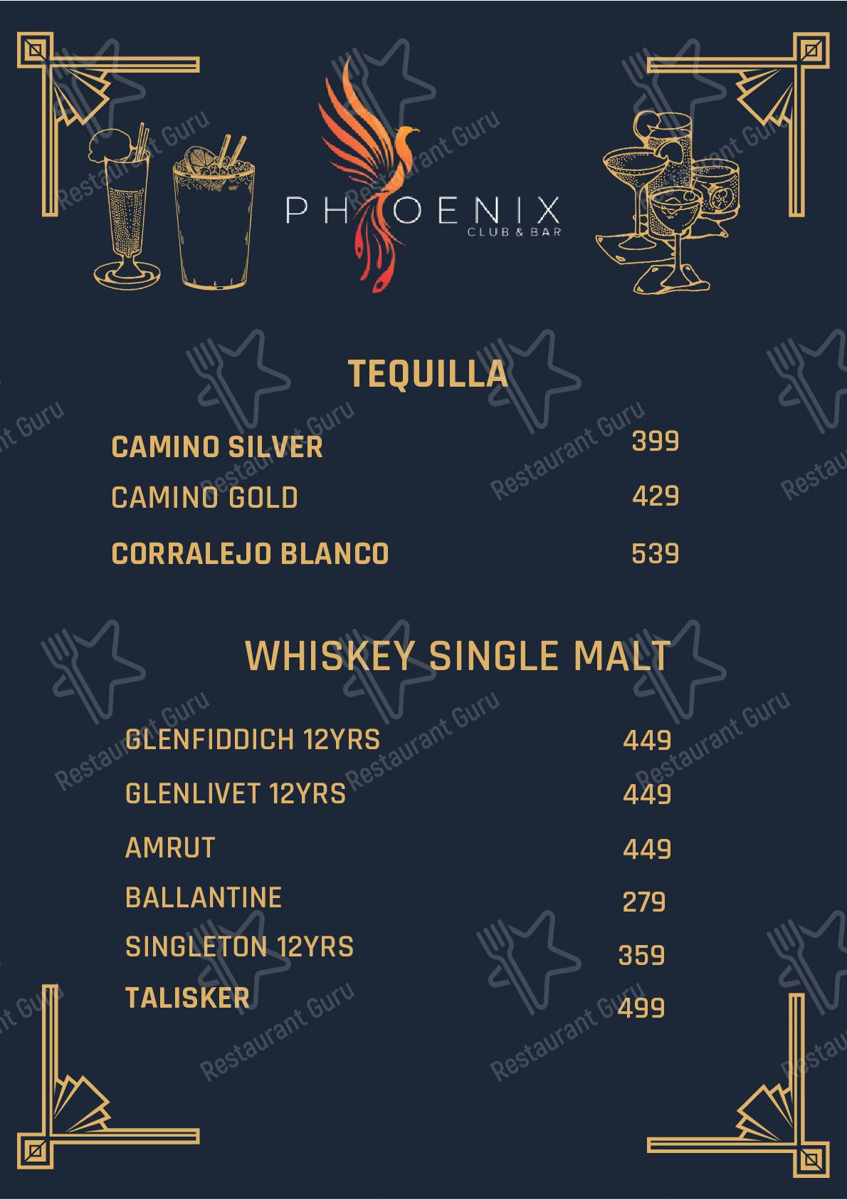 The Phoenix Club menu - meals and drinks