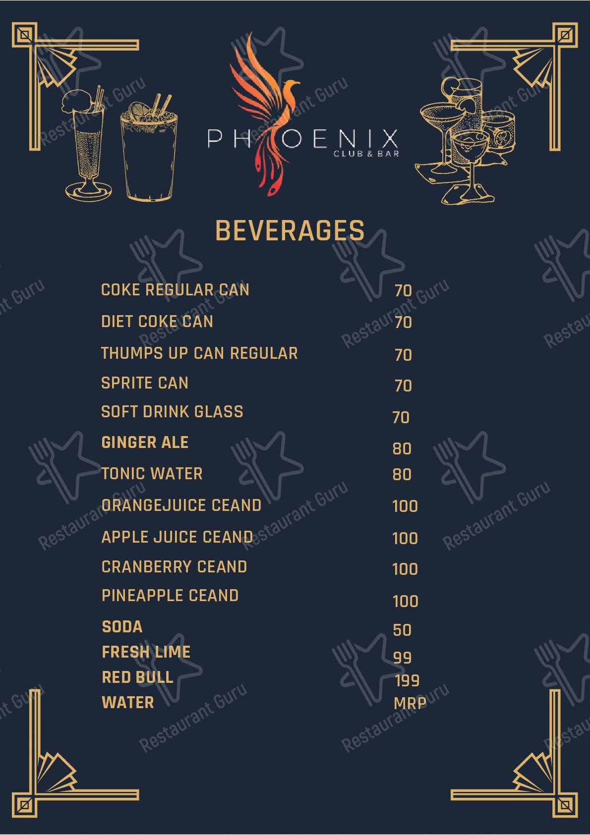 The Phoenix Club menu - dishes and beverages