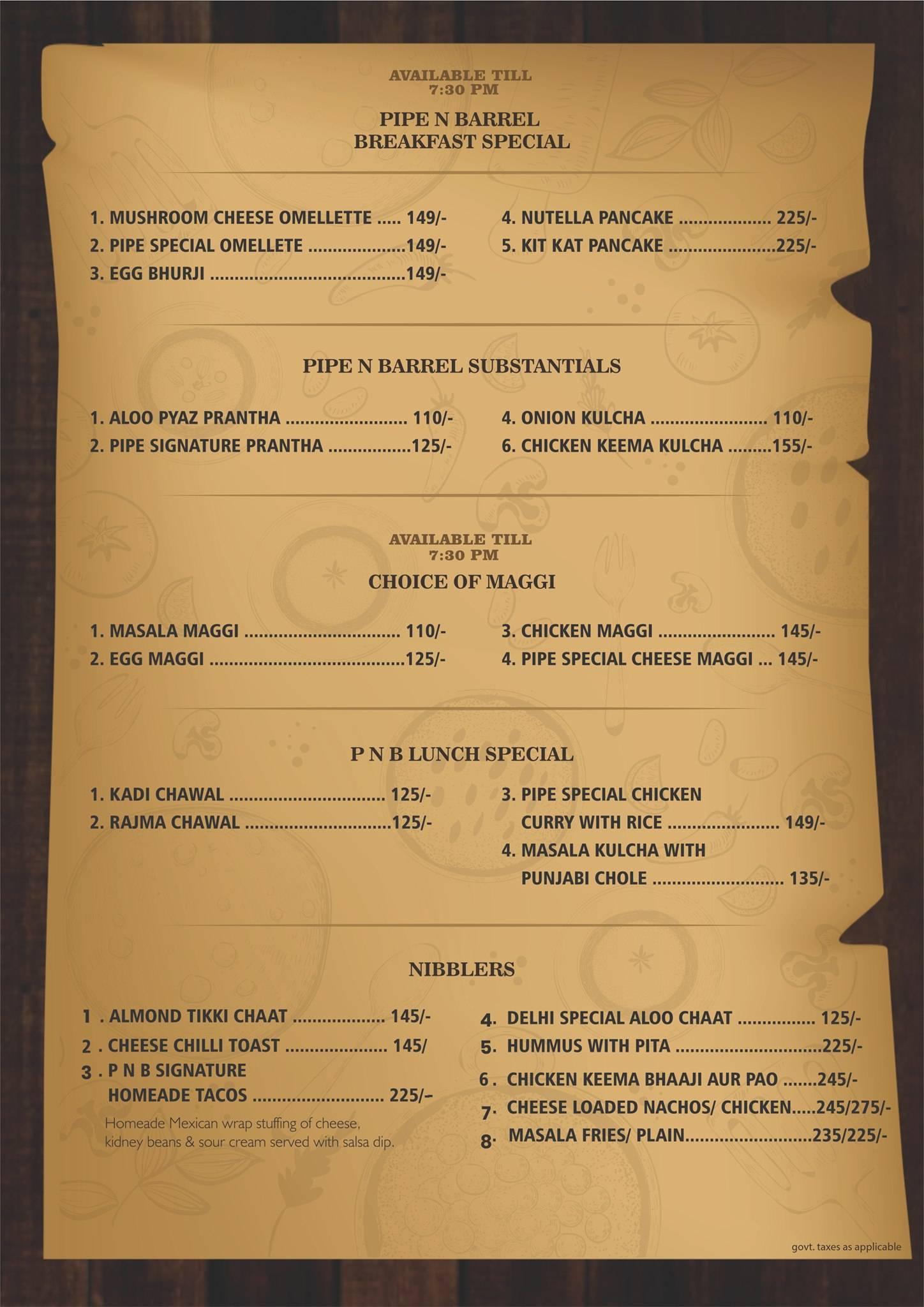 Pipe and Barrel menu