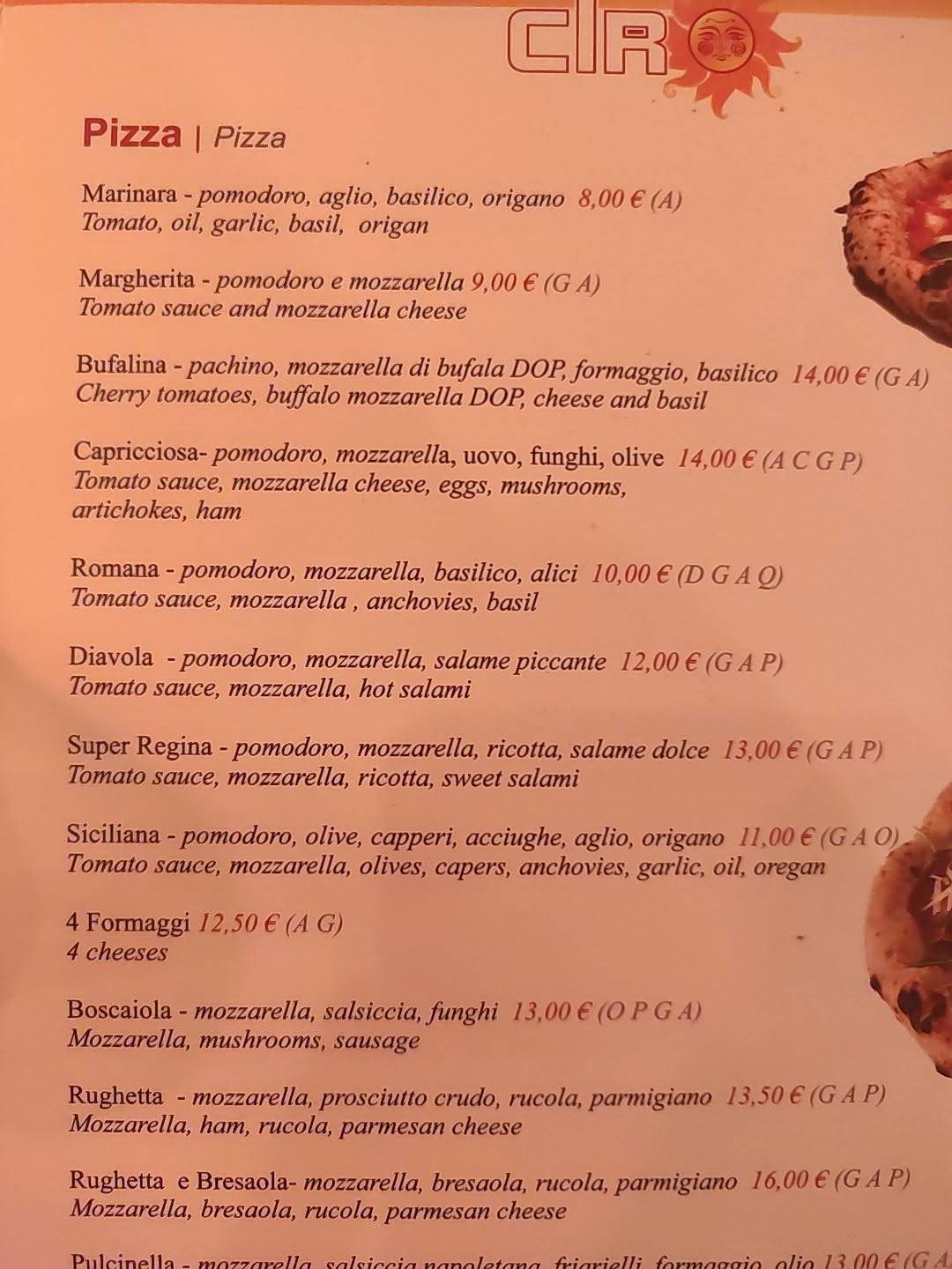 Menu di Pizza Ciro 