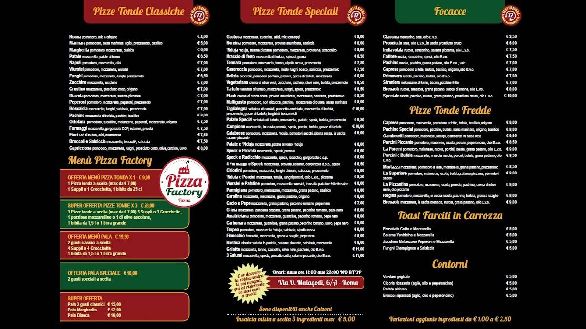 Menu di Pizza Factory Roma 