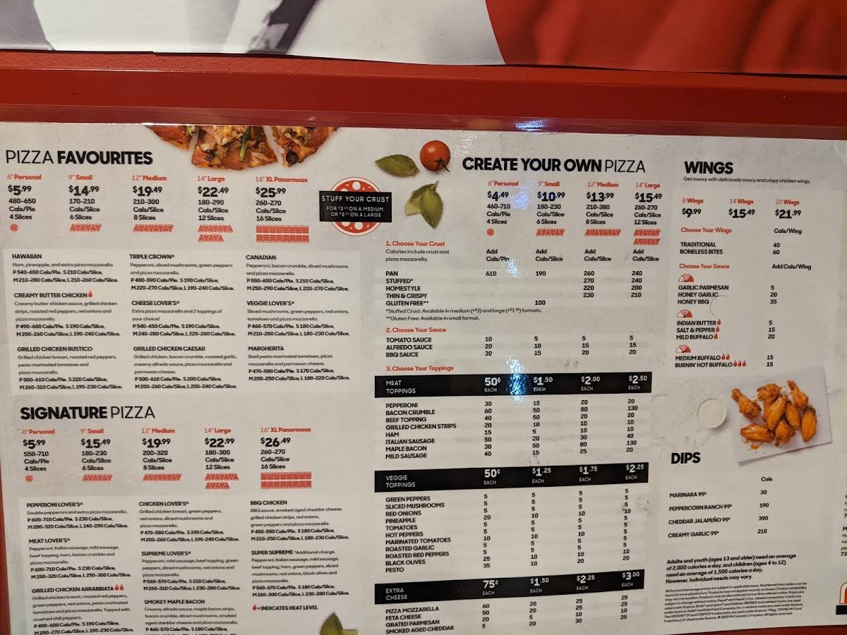 Carta de pizzería Pizza Hut, Windsor, Tecumseh Rd E
