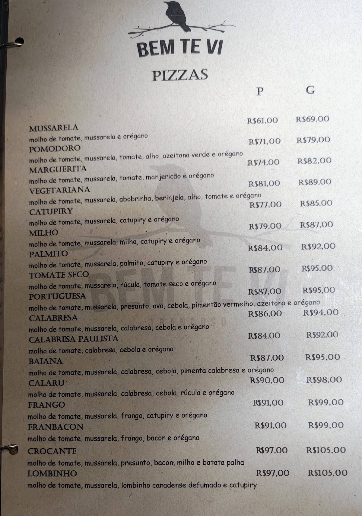 Pizzaria e Restaurante Bem Te Vi Trancoso cardápio