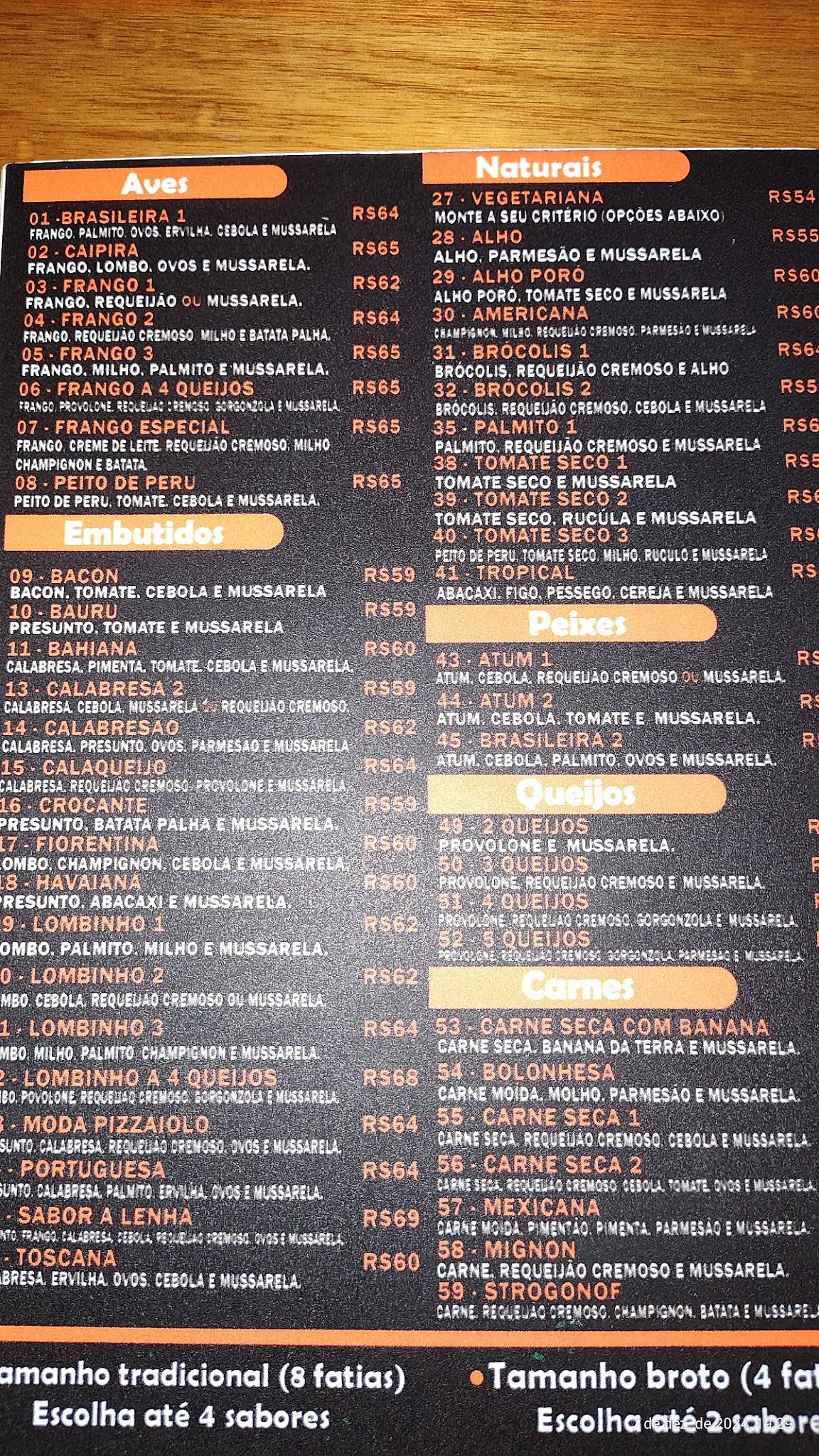 Pizzaria Sabor à Lenha cardápio