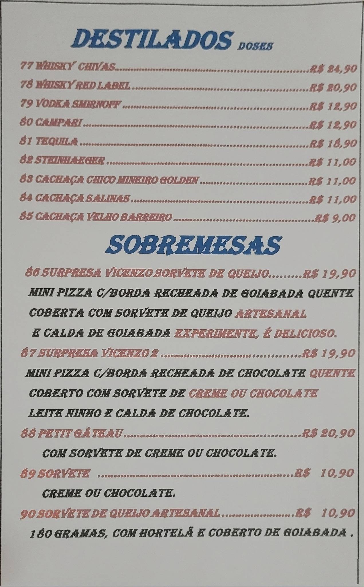 Pizzas Vicenzo cardápio