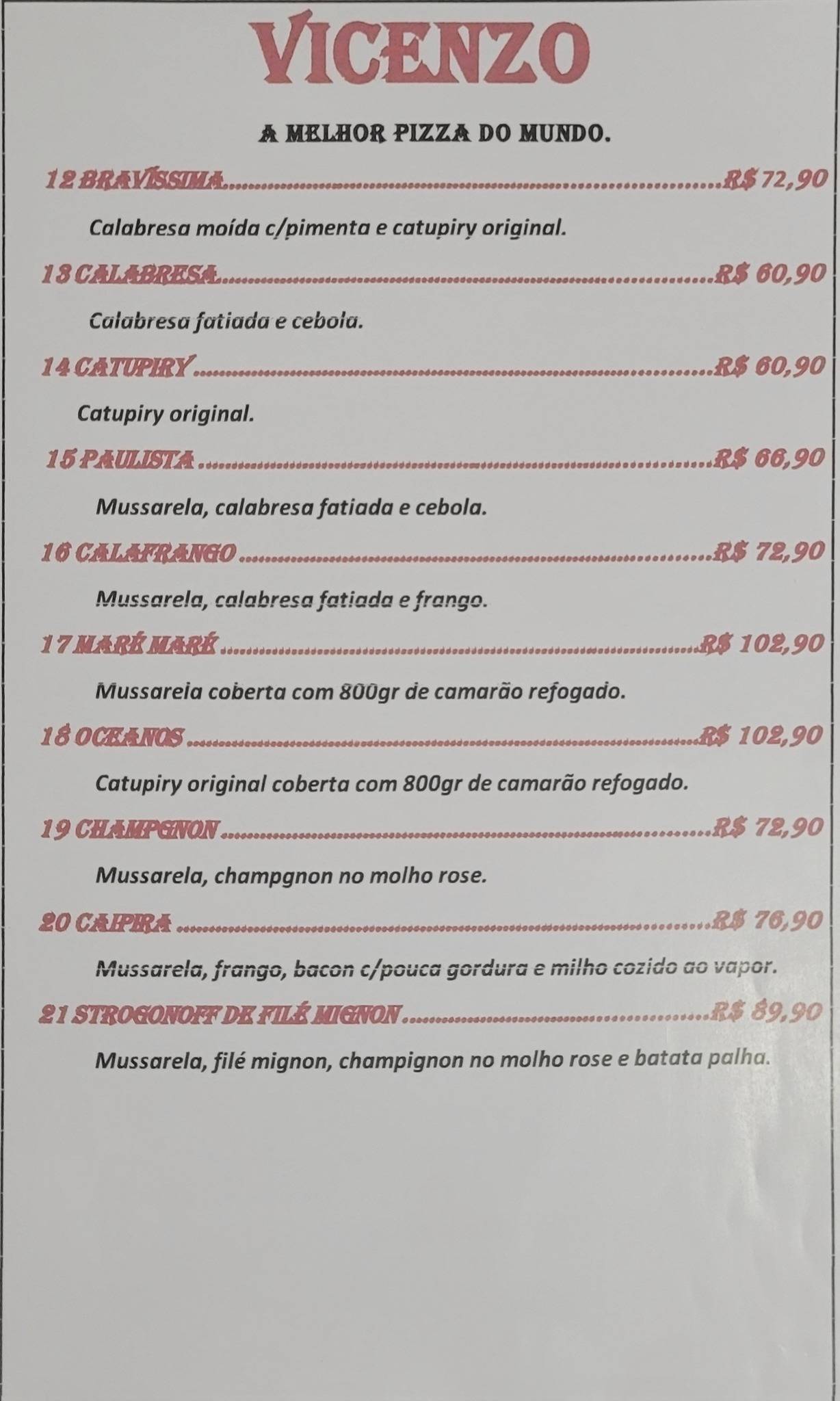 Pizzas Vicenzo cardápio