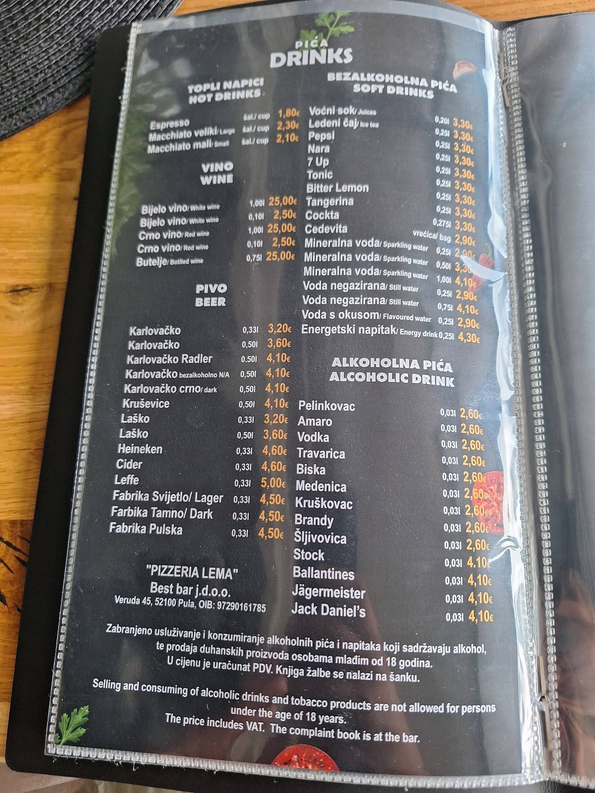 Menu di Pizzeria LEMA 