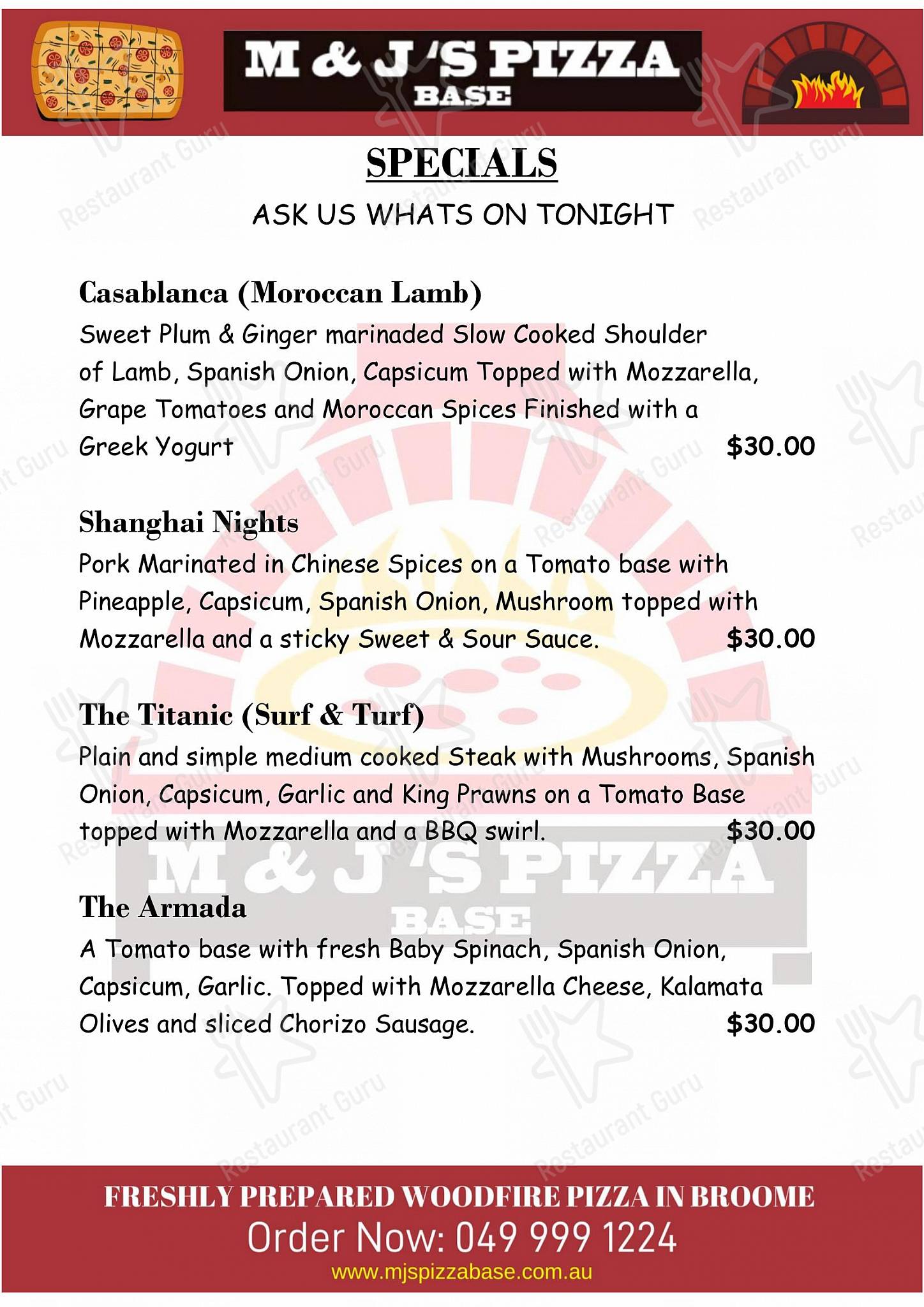 Menu at M&J’s Pizza Base pizzeria, Cable Beach, Cable Beach Rd W