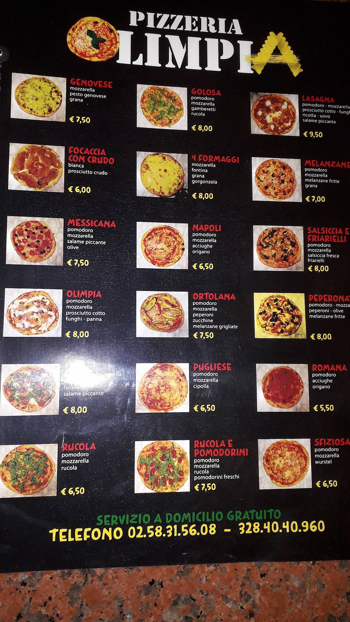 Menu di Pizza e Pasta 