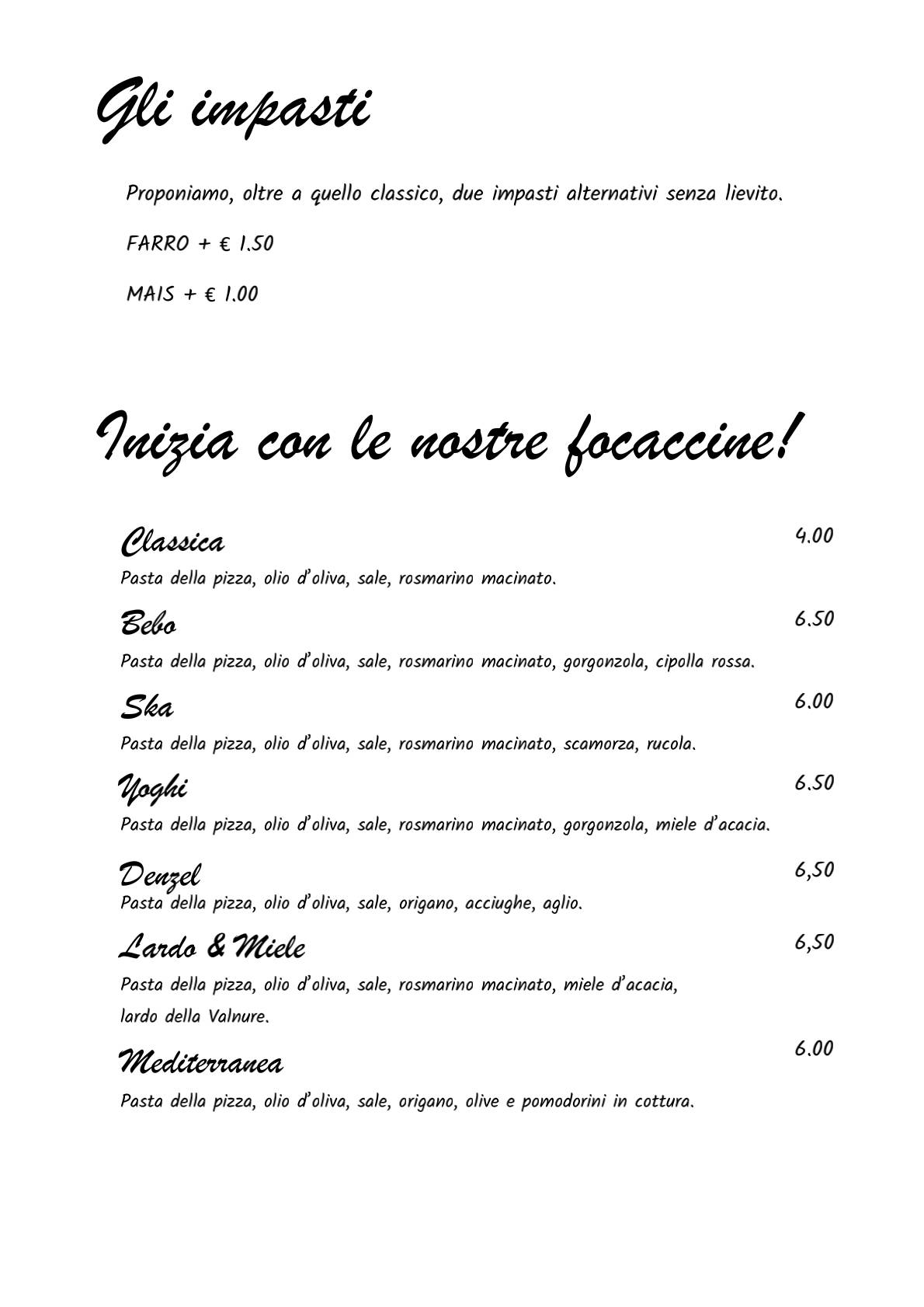 Menu di Pizzeria Paderna 