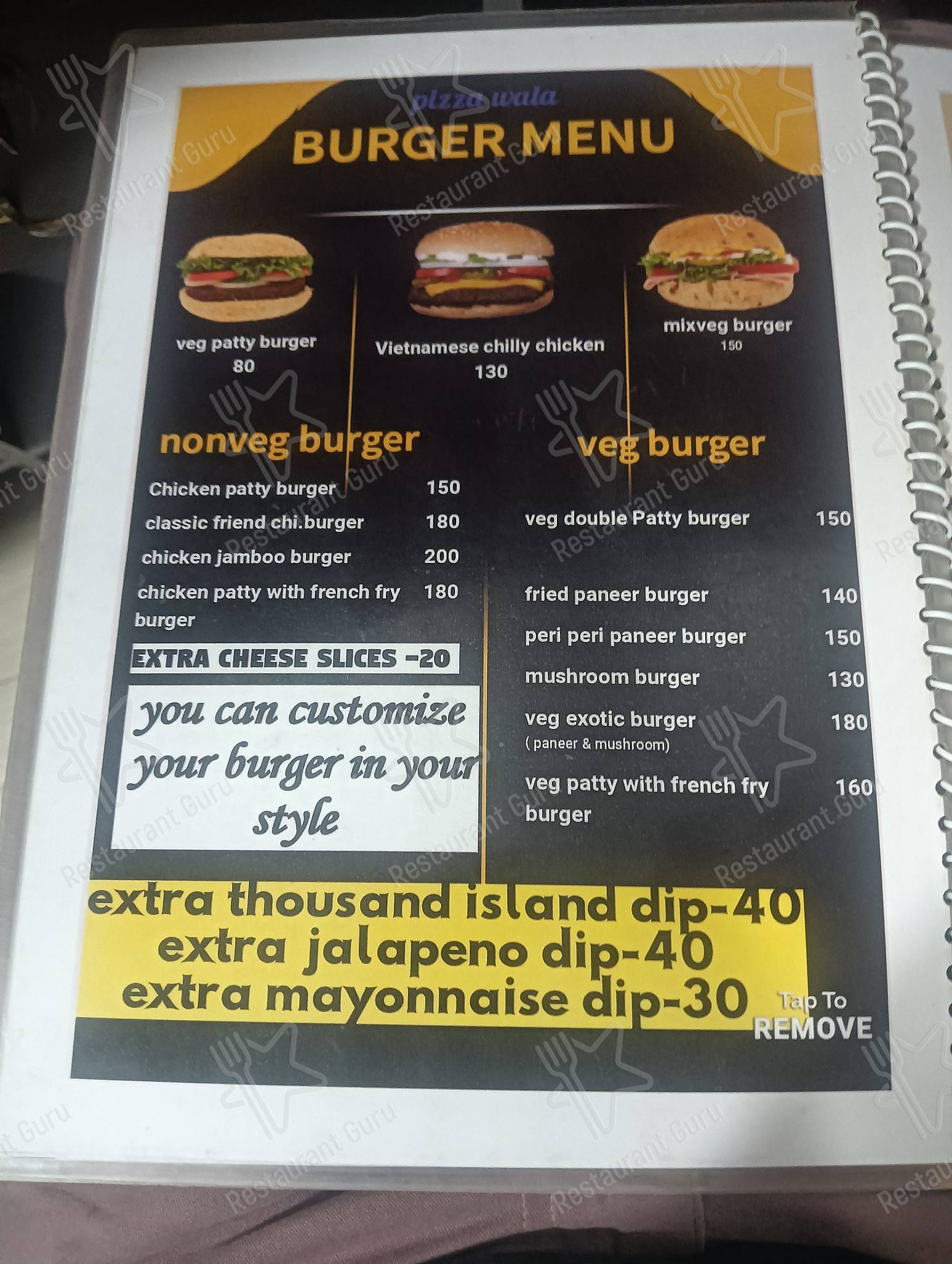 Menu for the Pizza Wala restaurant