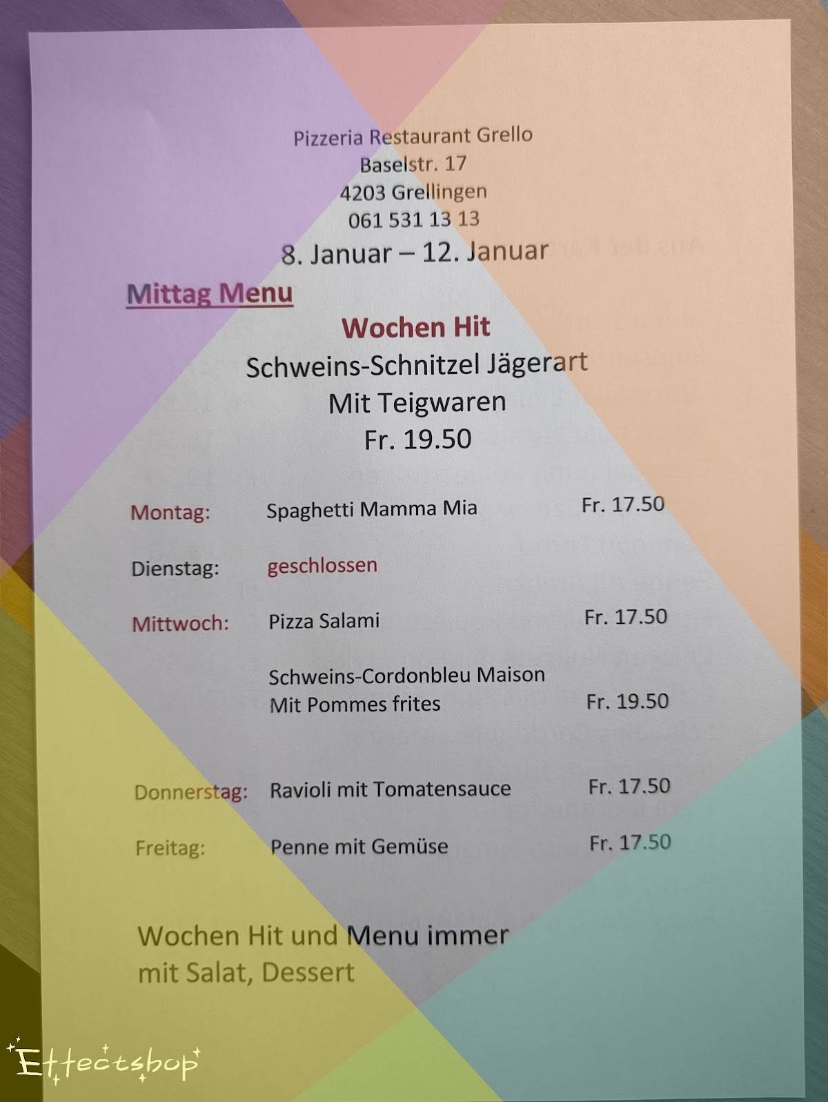 Menu di Pizzeria Restaurant Grello 