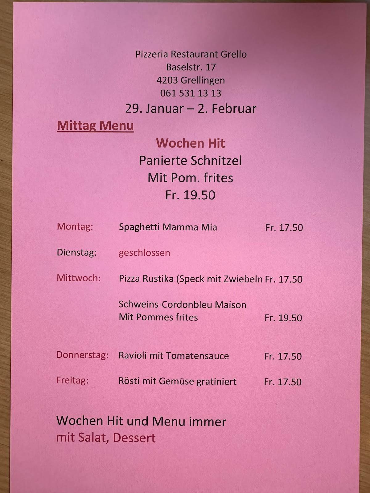 Menu di Pizzeria Restaurant Grello 