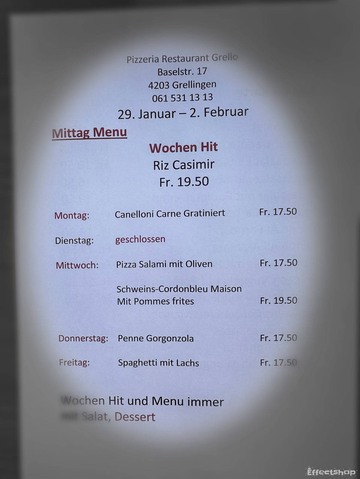 Menu di Pizzeria Restaurant Grello 