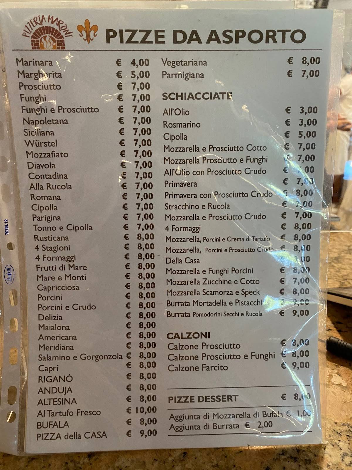 Menu di Pizzeria Ristorante Maroni Di Maroni Daniela 