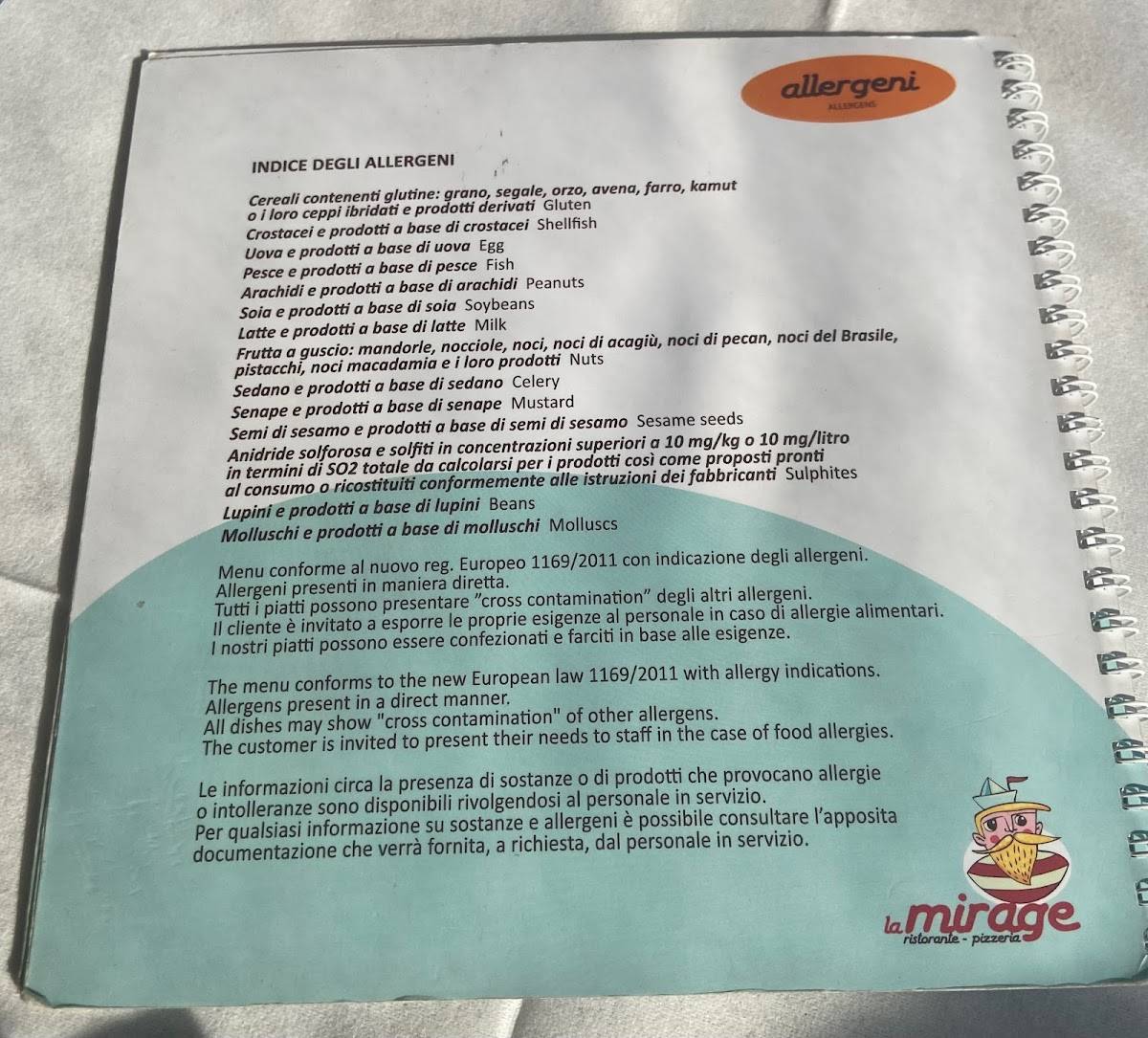 Menu di Ristorante Pizzeria La Mirage 