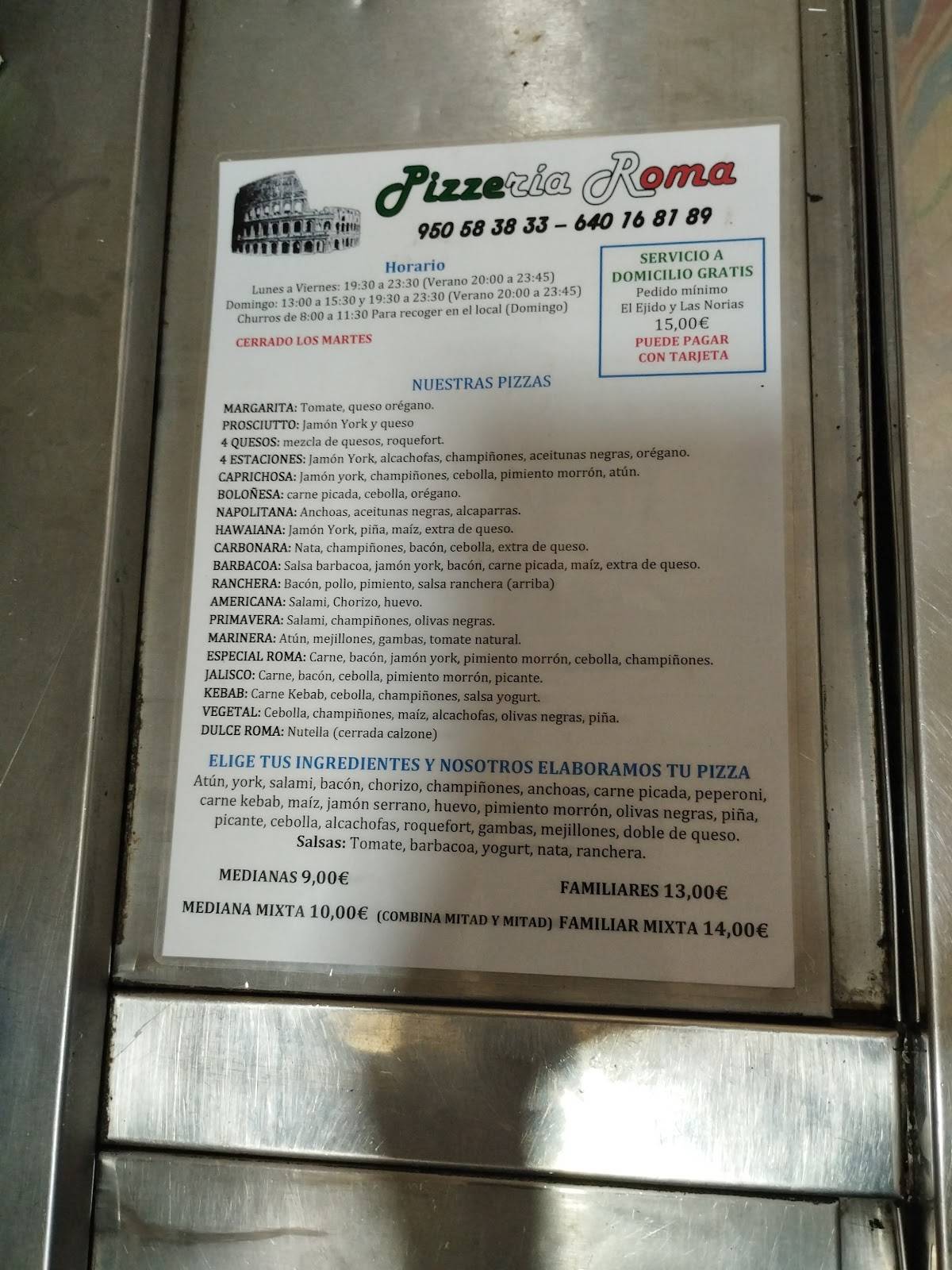 Carta de Pizzería Roma, El Ejido
