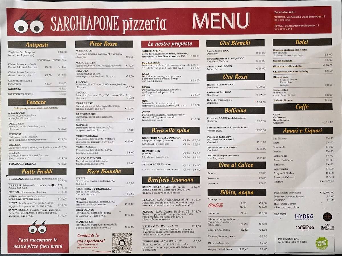 Menu di Sarchiapone pizzeria Torino 