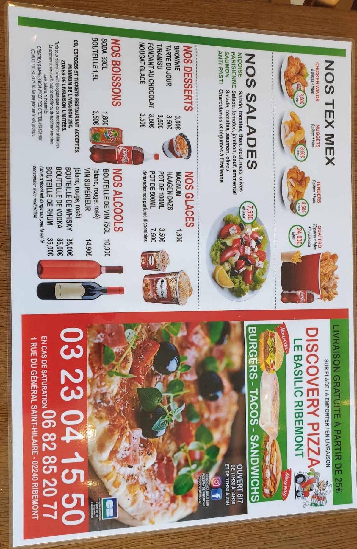 Menu de Pizzeria de Ribemont Discovery Pizza/Le Basilic
