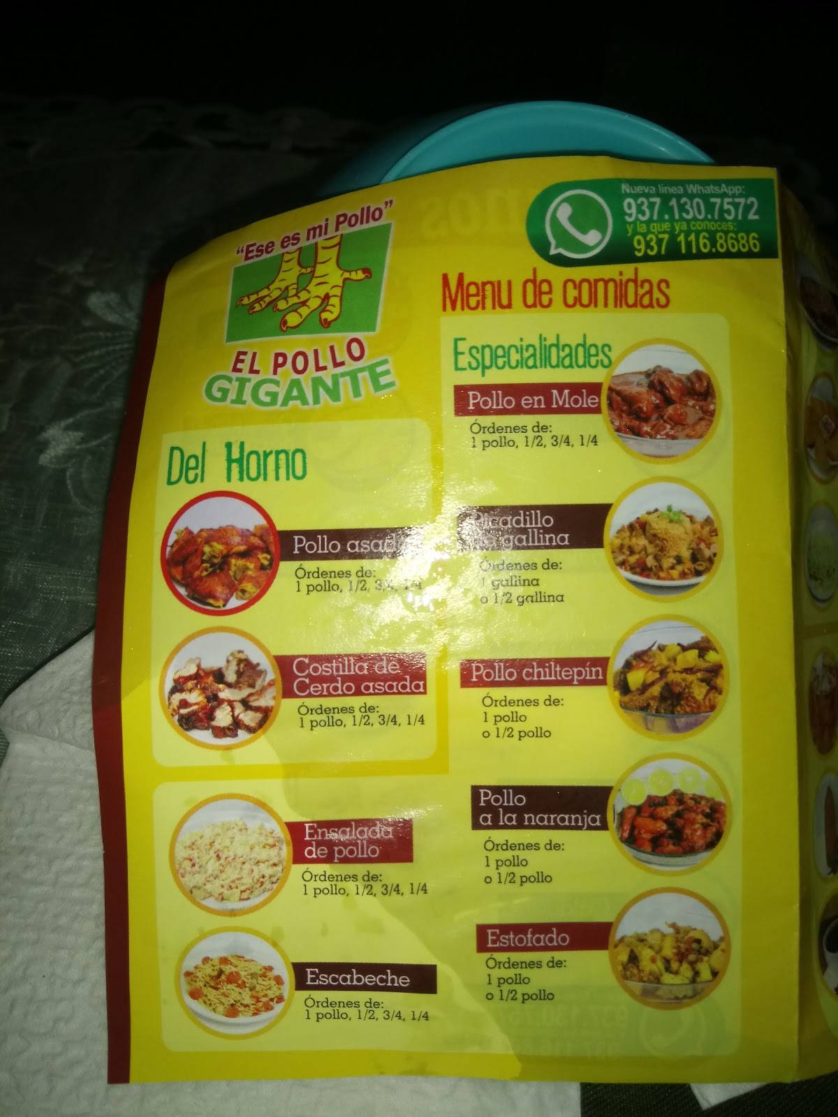 Carta del restaurante El Pollo Gigante, Comalcalco, Bougambilia 117