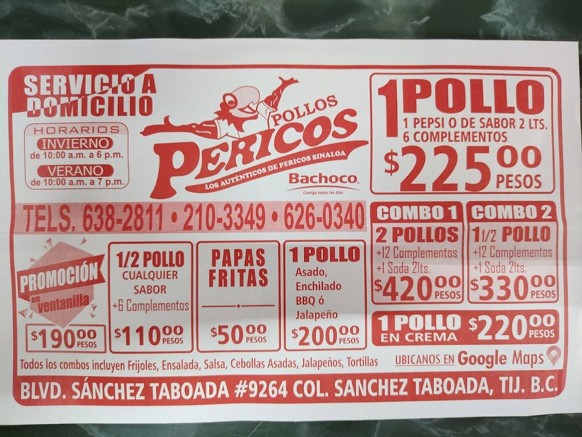 Menu at Pollos Pericos restaurant, Tijuana, Av. Sánchez Taboada 9264