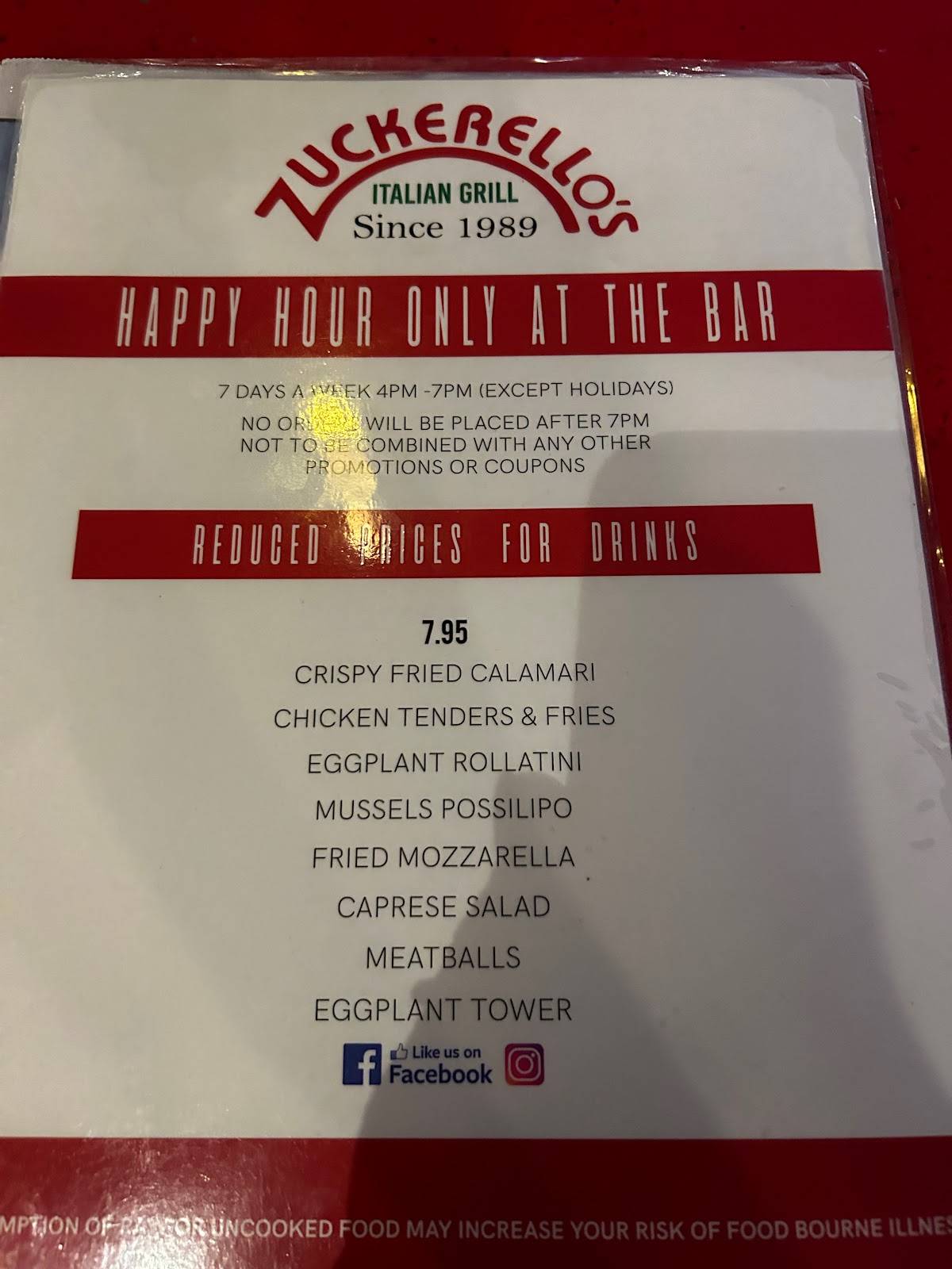 Menu at Zuckerello's restaurant, Fort Lauderdale