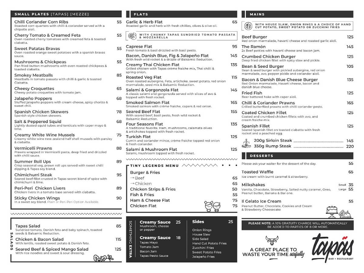 Menu at Tapas Bar and Restaurant, Port Elizabeth