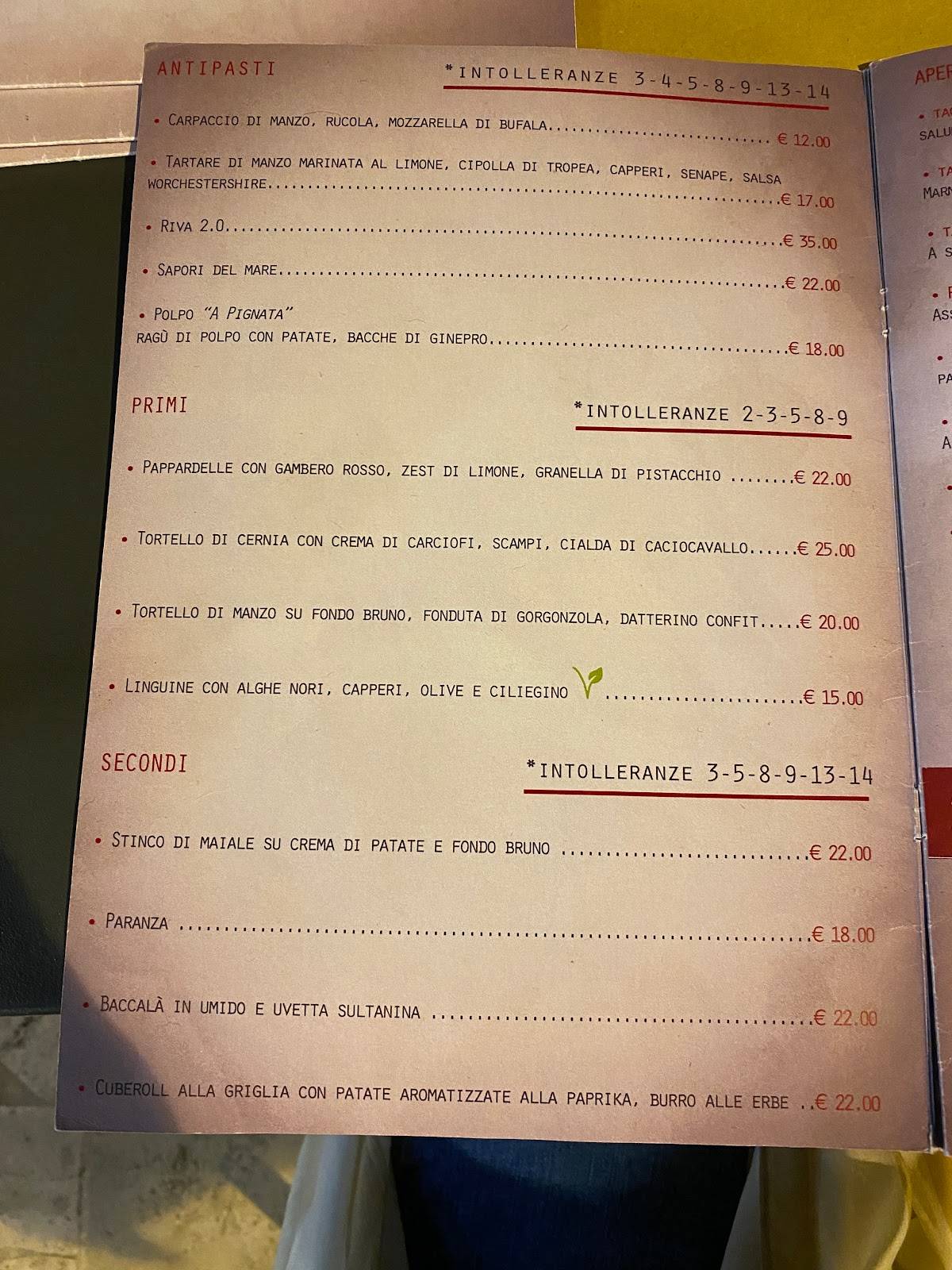 Menu di Riva Baglieri 