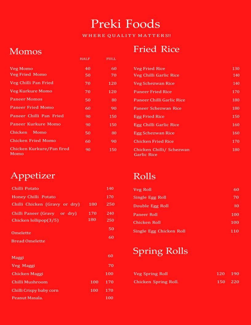 Preki Foods menu