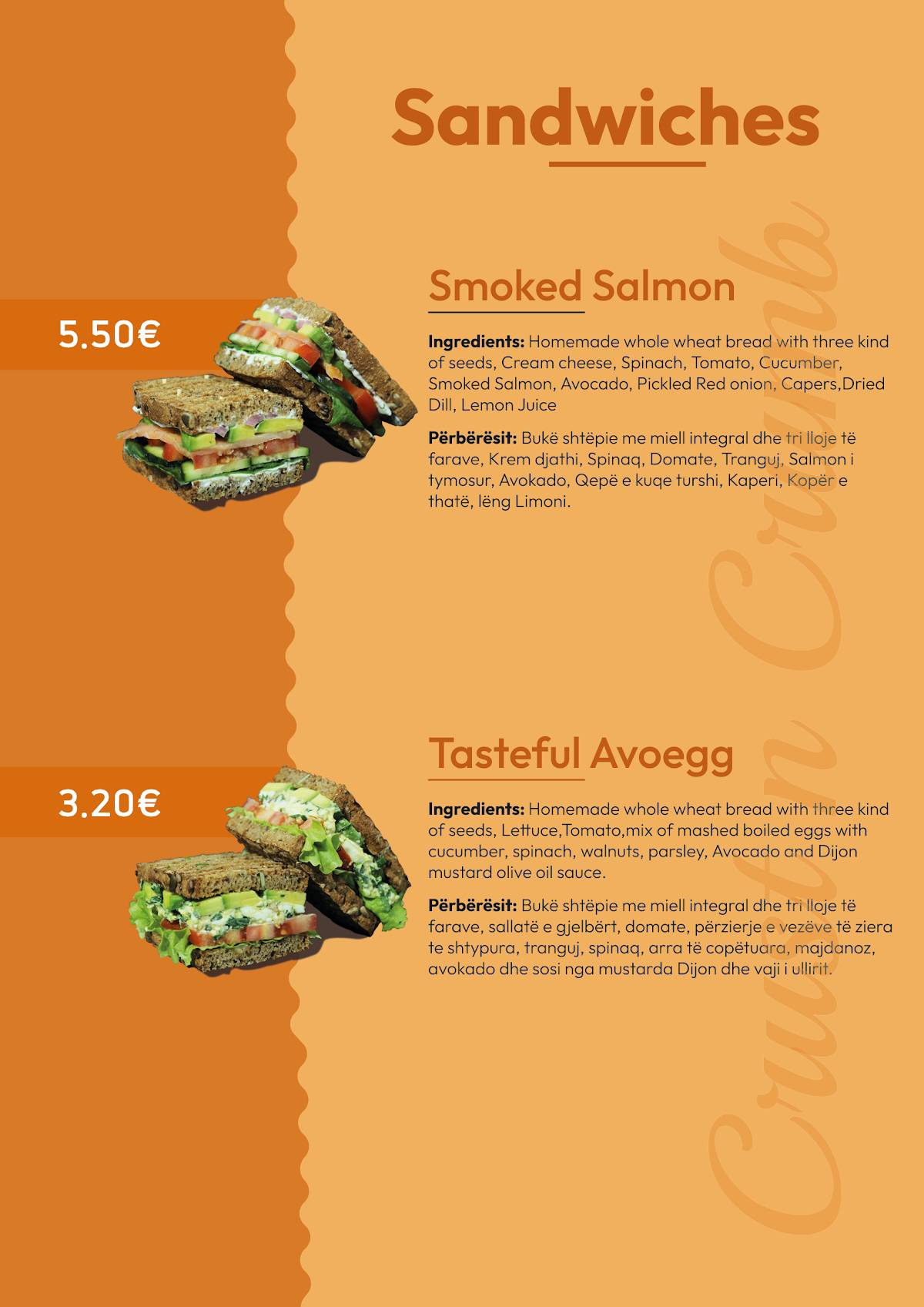 Menu at Crust n Crumb restaurant, Prishtina