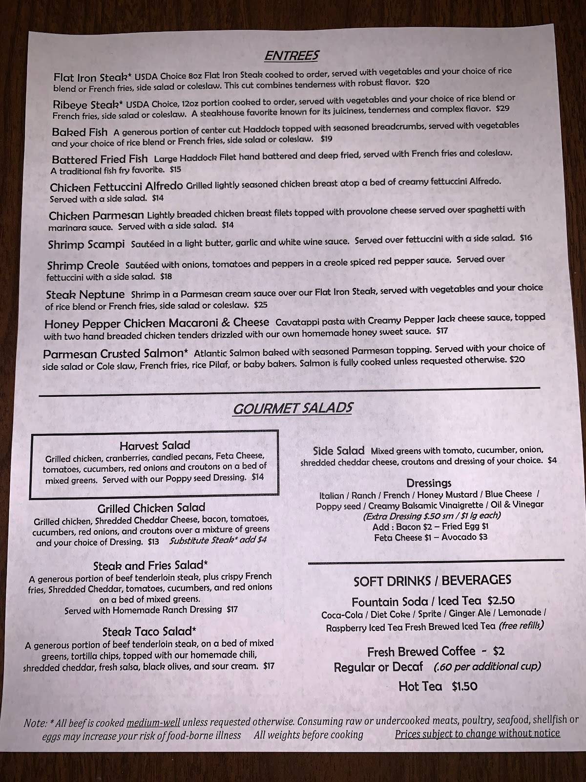 Menu at Pub 20 / The Ruffed Grouse, North East