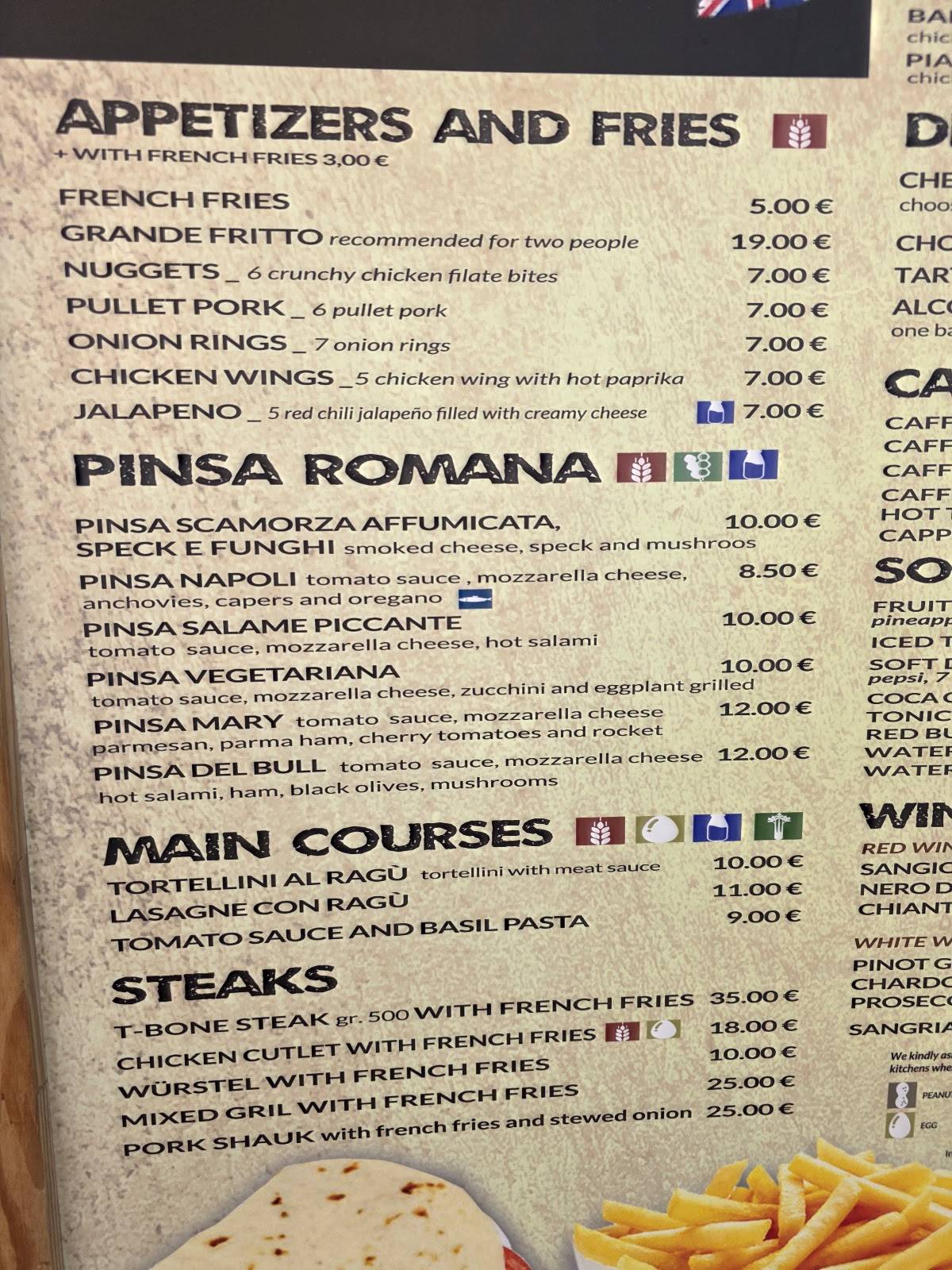 Menu di Pub Bull & Bush 