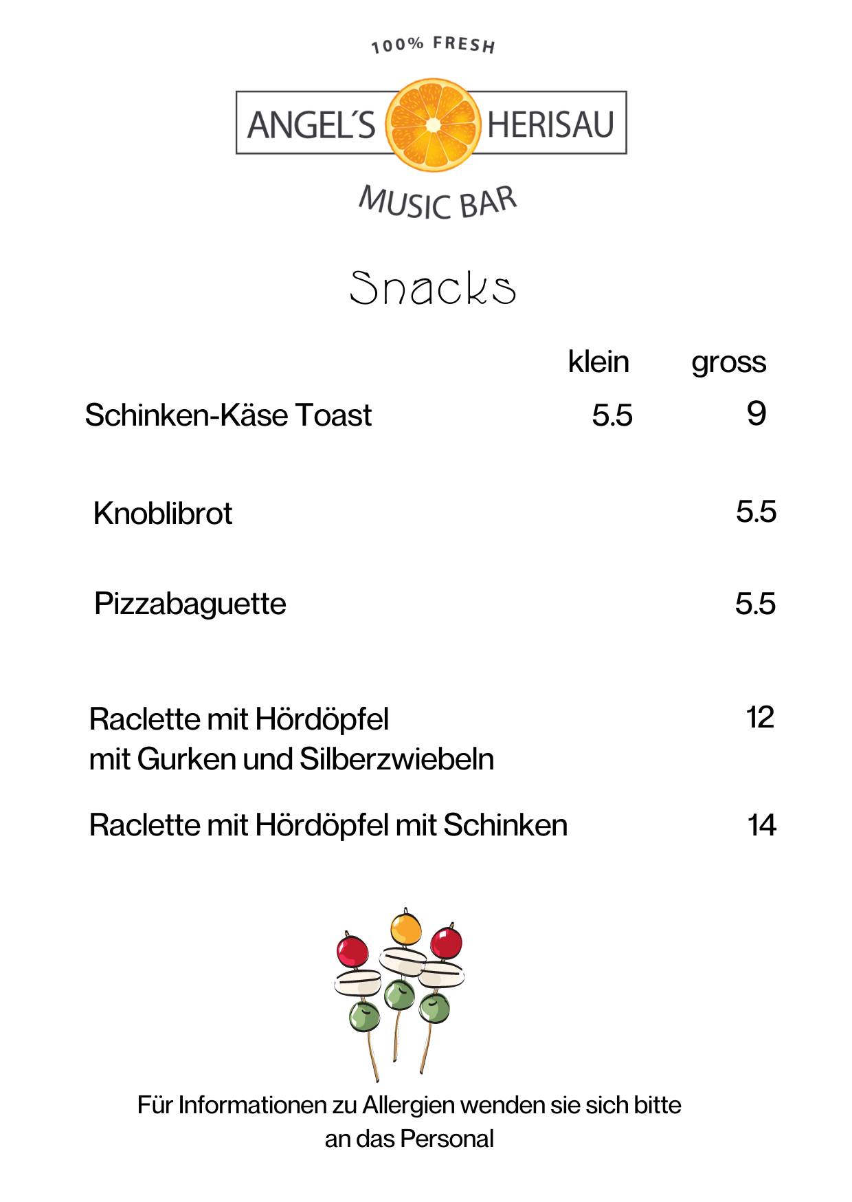 Menu di Angel's Bar Herisau 