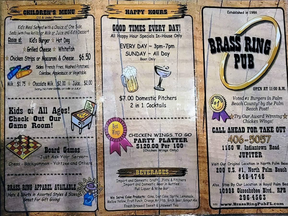 Menu at Brass Ring Pub, Jupiter