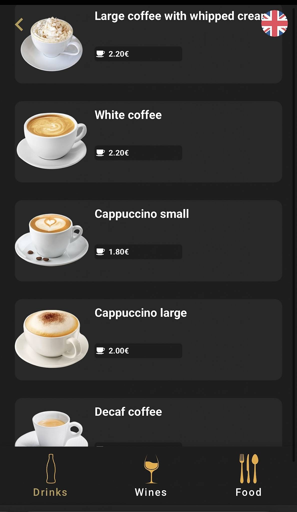 Menu de Caffe Bar Tiffany