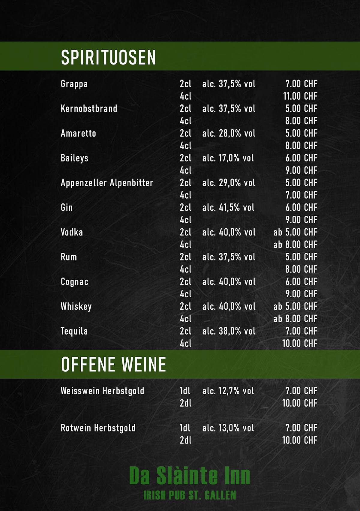 Menu di Da Slainte Inn 