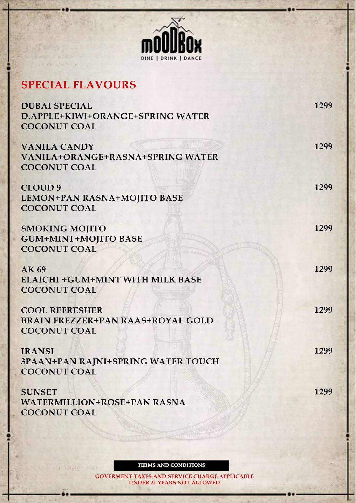 Mood Box Best Pub & Nightclub in Newtown Corporate Party Venue in Newtown menu