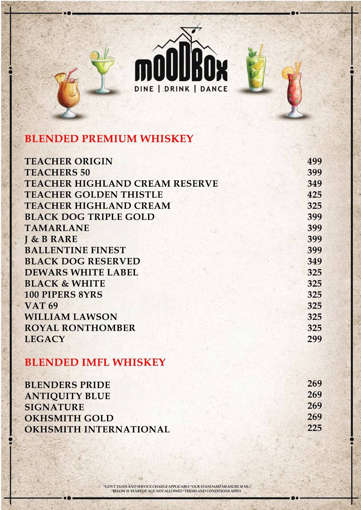 Mood Box Best Pub & Nightclub in Newtown Corporate Party Venue in Newtown menu