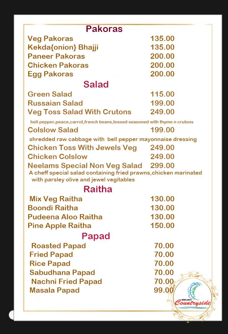 Neelams Countryside menu