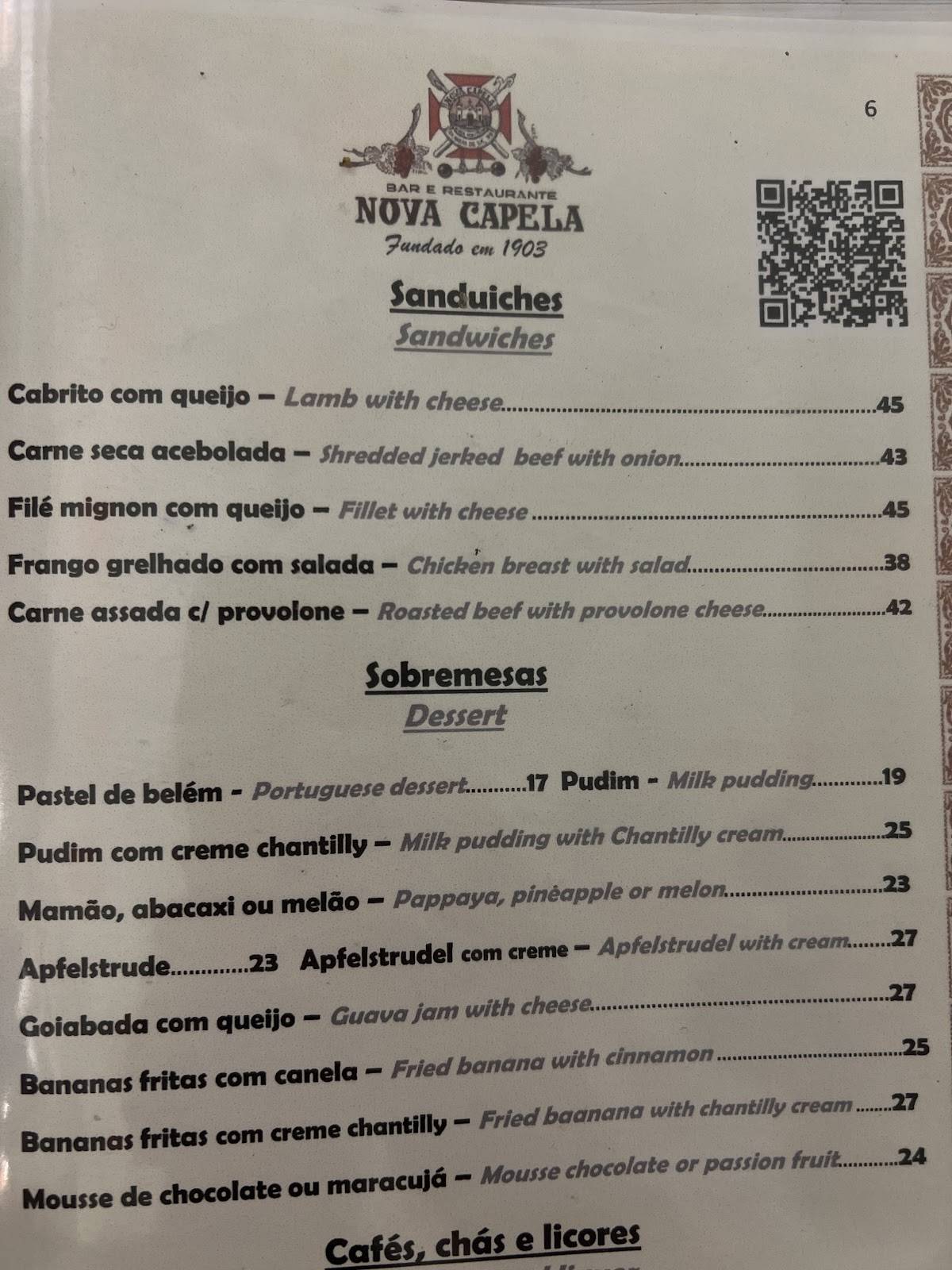 Nova Capela Bar e Restaurante cardápio