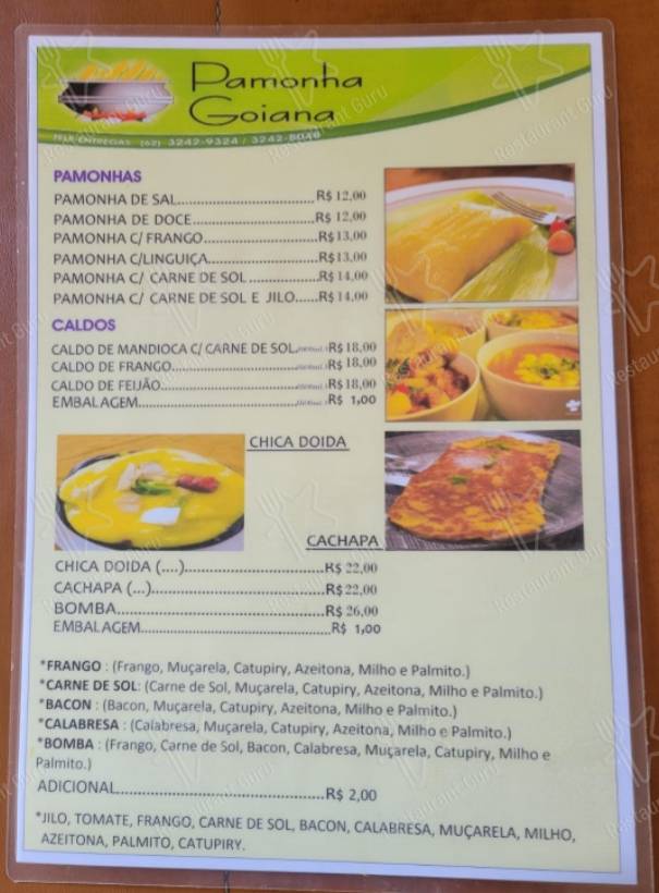 Pamonha Goiana menu - refeições e bebidas