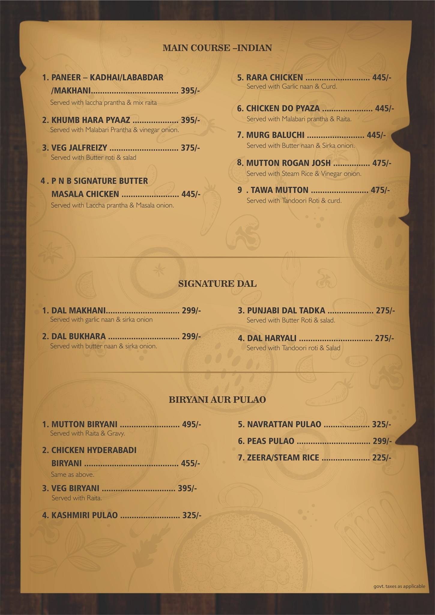 Pipe and Barrel menu